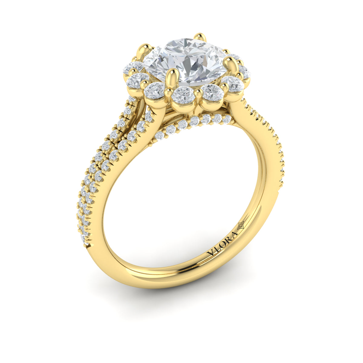 14kt Yellow Gold Round Diamond Floral Halo Ring