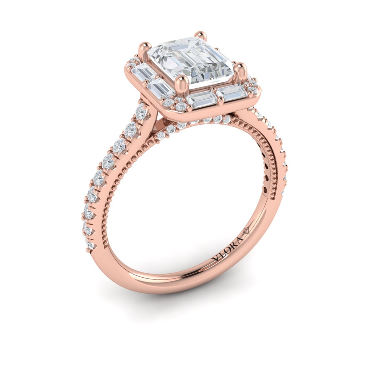 14K Rose Gold Emerald Cut Diamond Halo Engagement Ring