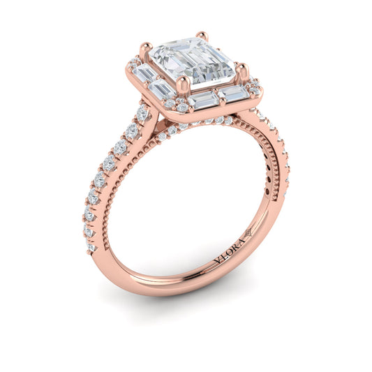 14K Rose Gold Emerald Cut Diamond Halo Engagement Ring