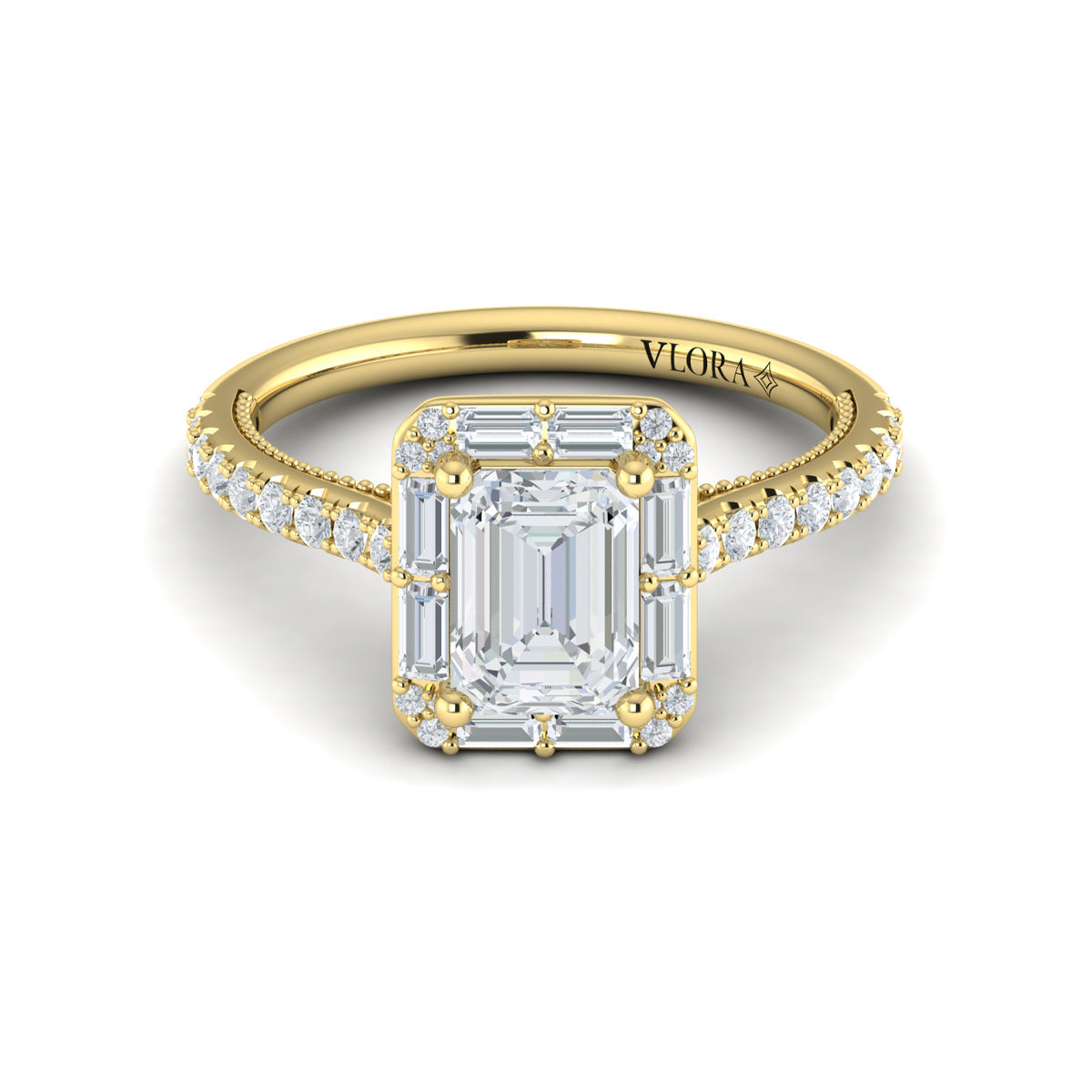 14kt Yellow Gold Emerald Cut Diamond Halo Engagement Ring