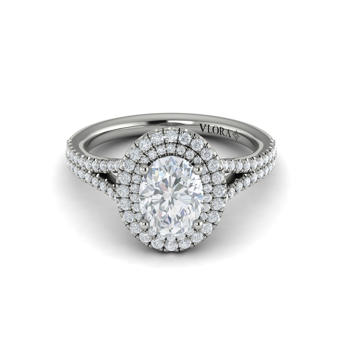 Platinum Double Halo Diamond Split Shank Engagement Ring