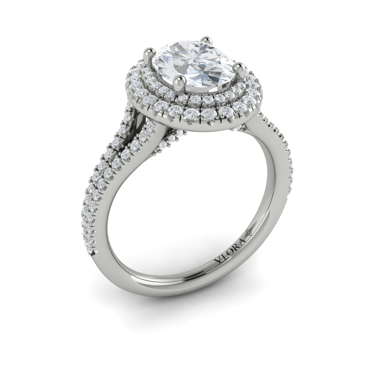 Platinum Double Halo Diamond Split Shank Engagement Ring