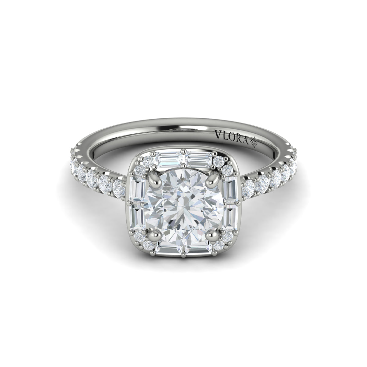 14K White Gold Round Diamond Cushion Halo Ring