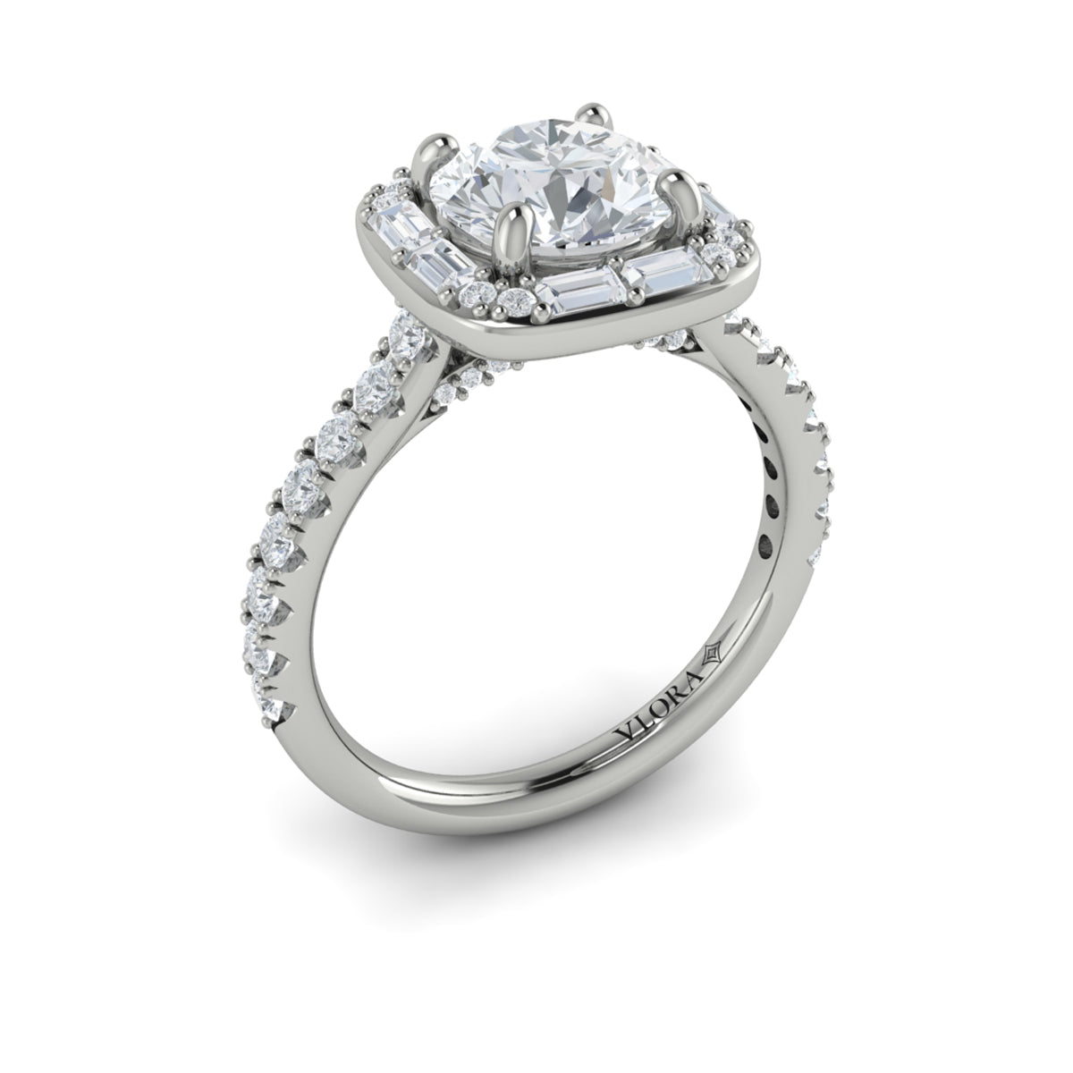 14K White Gold Round Diamond Cushion Halo Ring