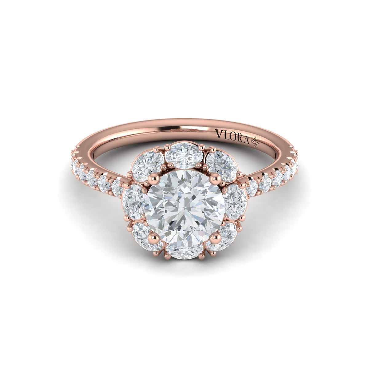 14kt Rose Gold Round Diamond Oval Halo Engagement Ring