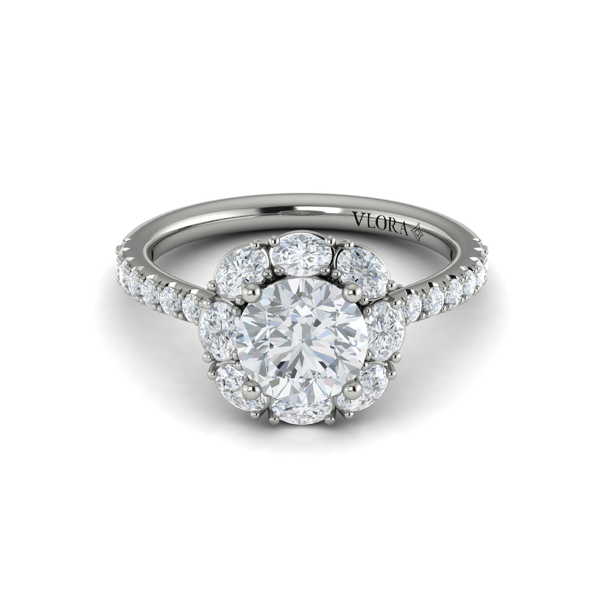 14K White Gold Oval Halo Round Diamond Engagement Ring