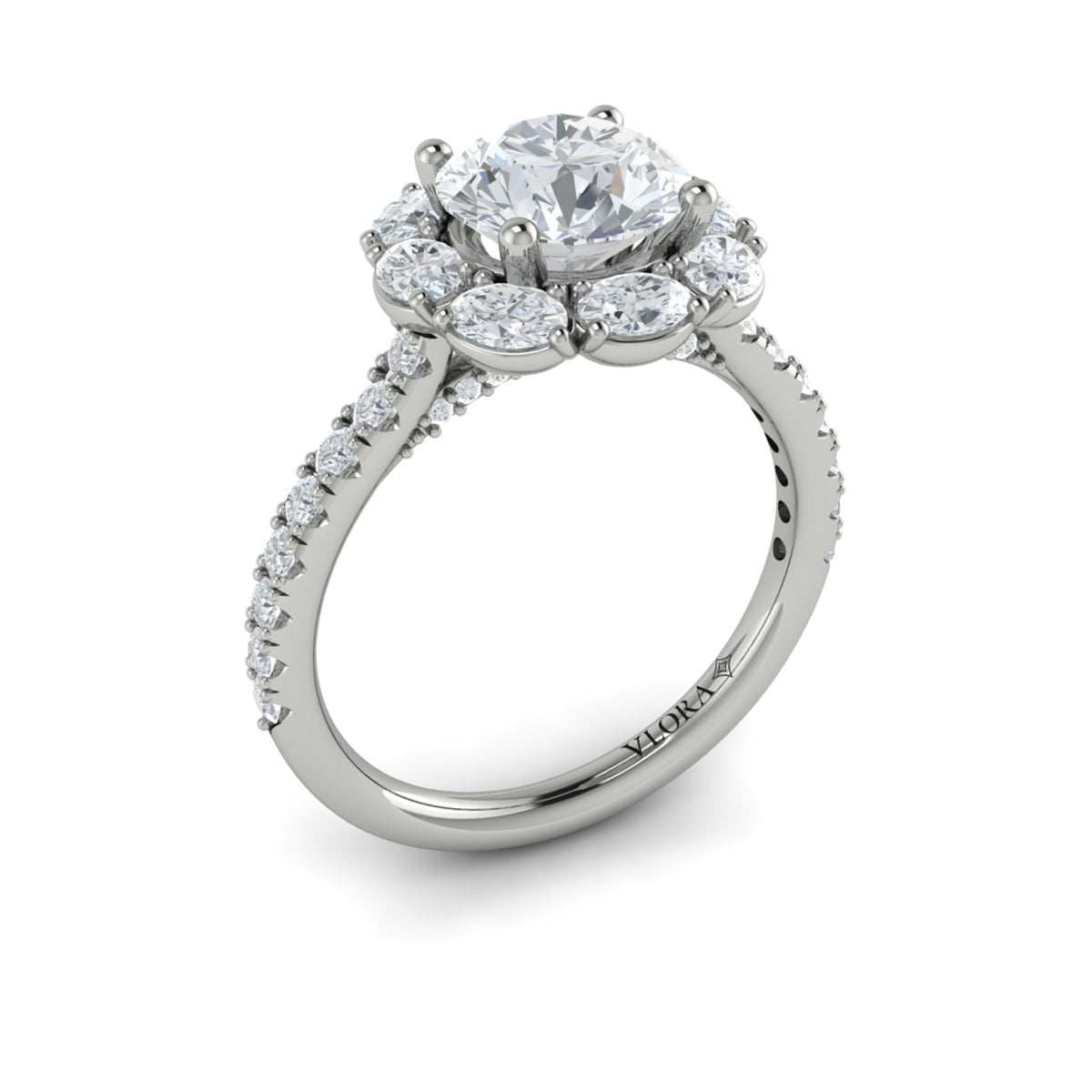 14K White Gold Oval Halo Round Diamond Engagement Ring