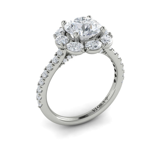 14K White Gold Oval Halo Round Diamond Engagement Ring