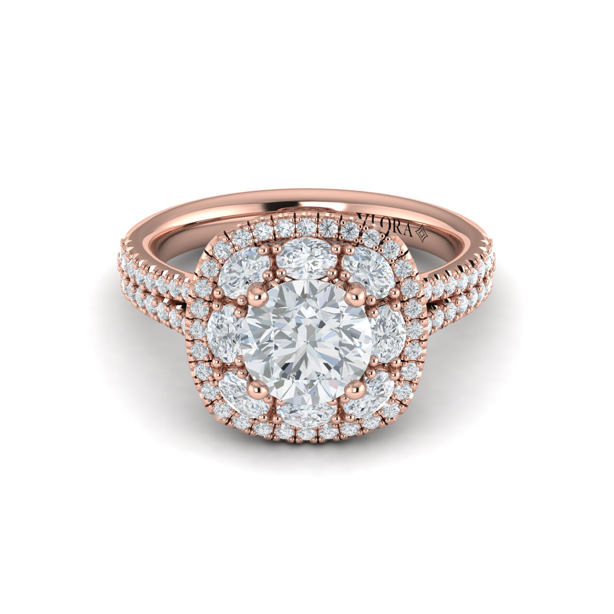 14kt Rose Gold Round Diamond Double Halo Ring