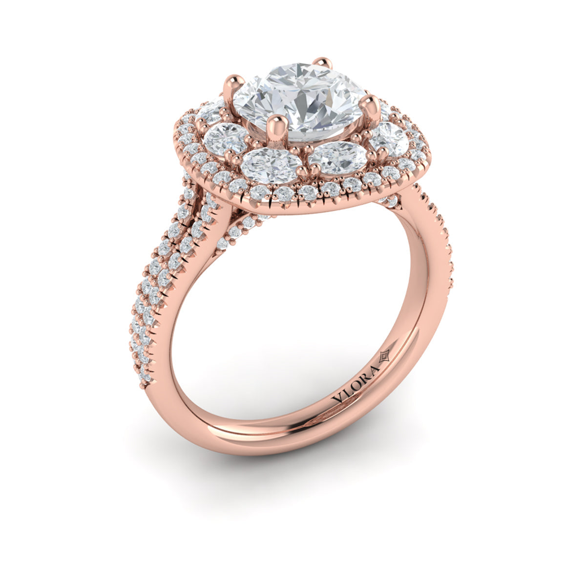 14kt Rose Gold Round Diamond Double Halo Ring