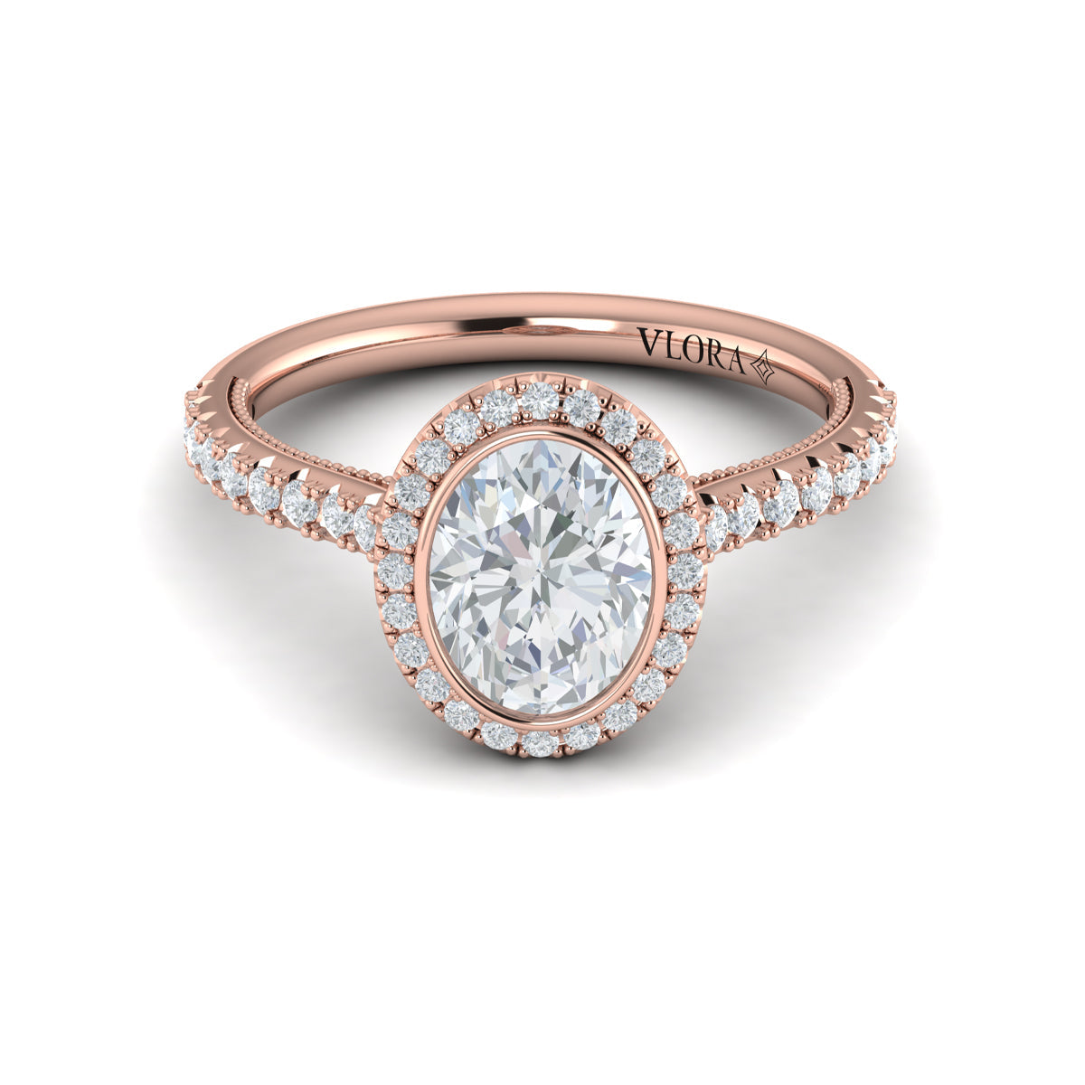 14K Rose Gold Oval Diamond Bezel Halo Engagement Ring