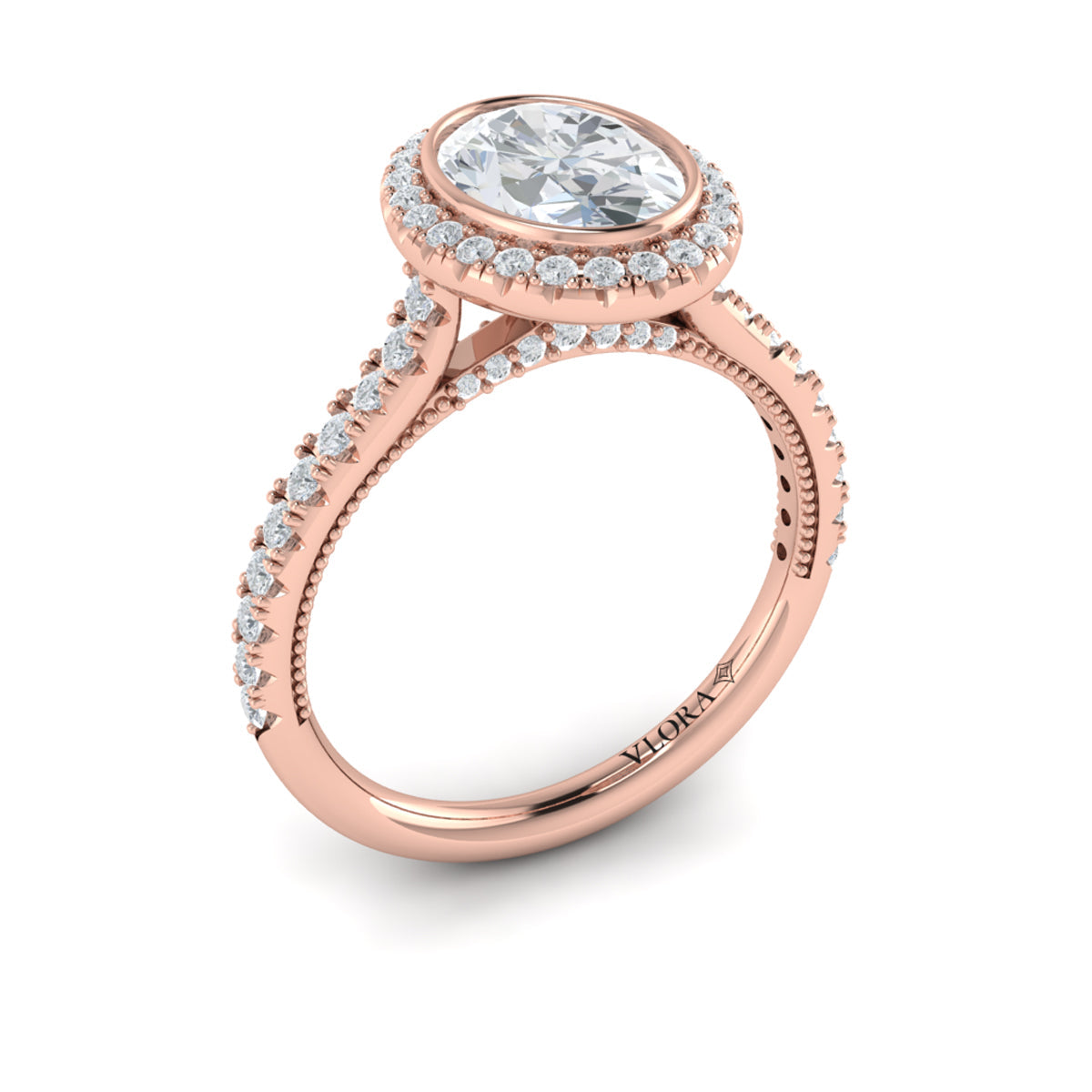 14K Rose Gold Oval Diamond Bezel Halo Engagement Ring