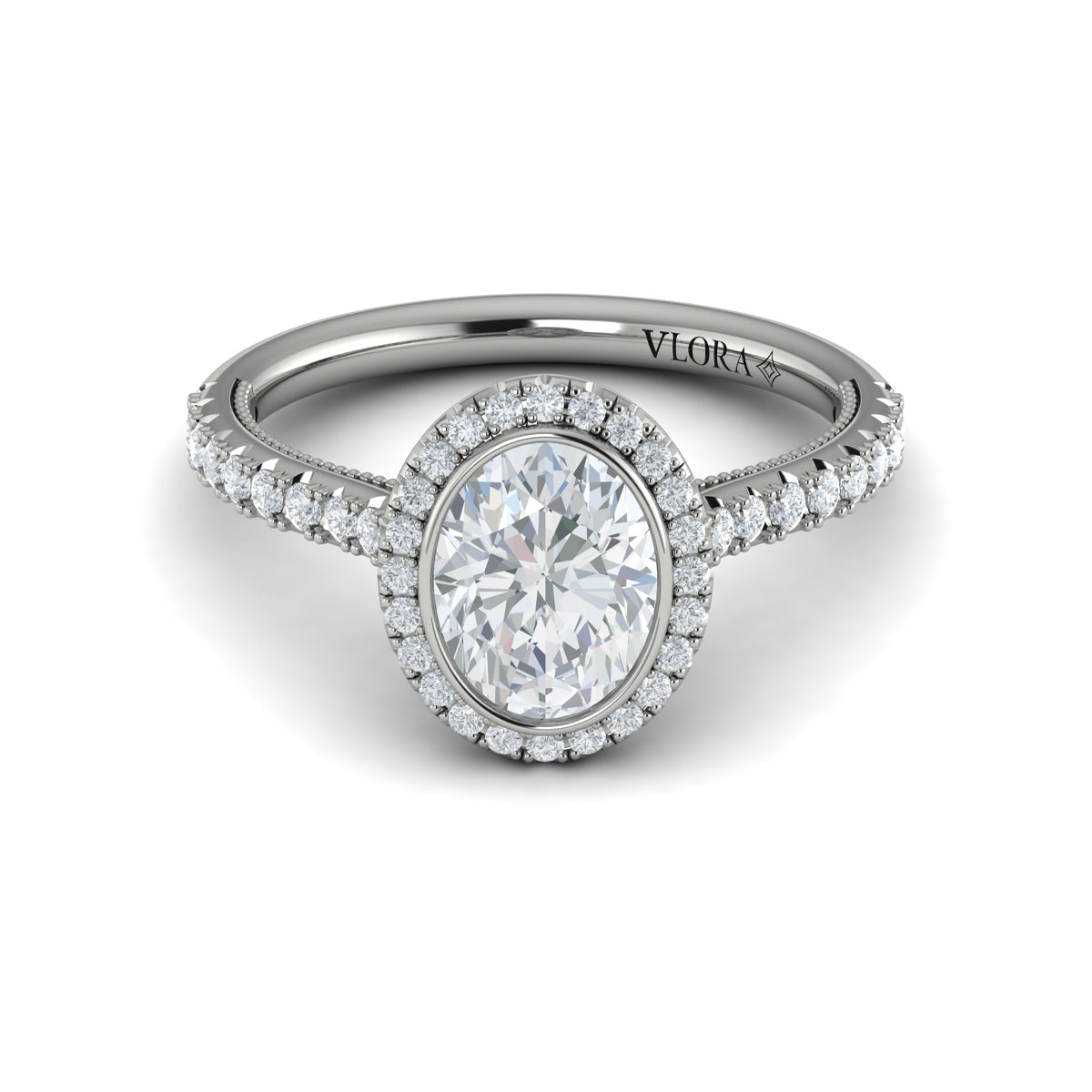 14kt White Gold Oval Diamond Bezel Halo Engagement Ring
