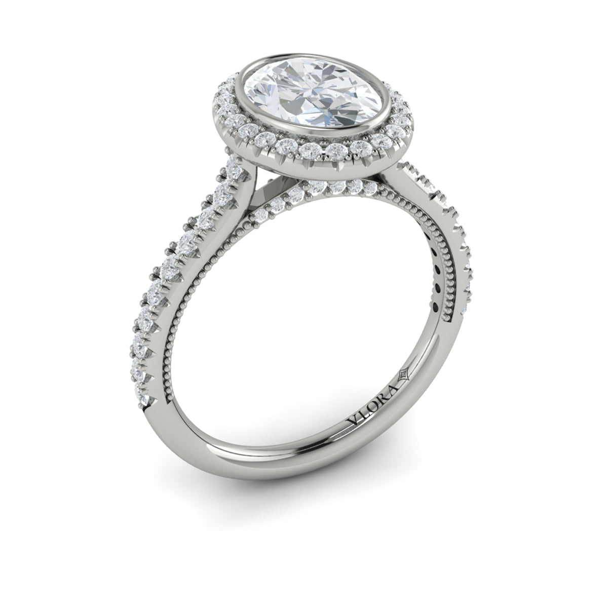 14kt White Gold Oval Diamond Bezel Halo Engagement Ring