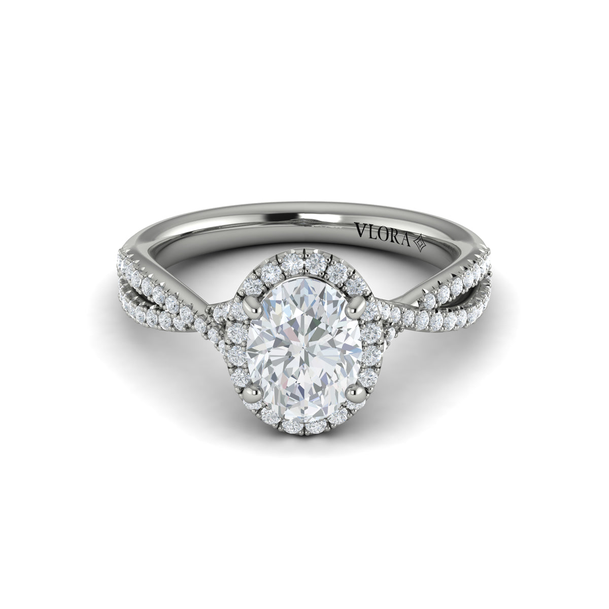 14K White Gold Oval Diamond Intertwined Halo Engagement Ring