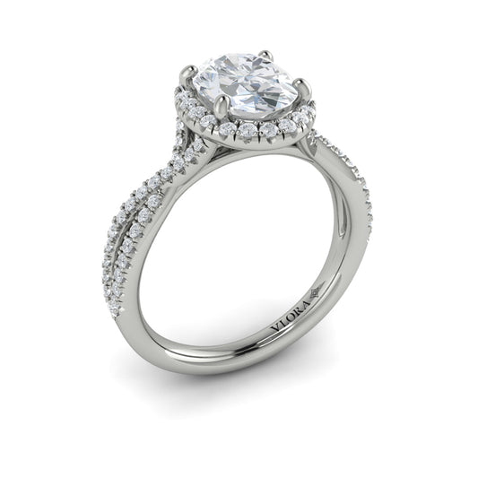 14K White Gold Oval Diamond Intertwined Halo Engagement Ring