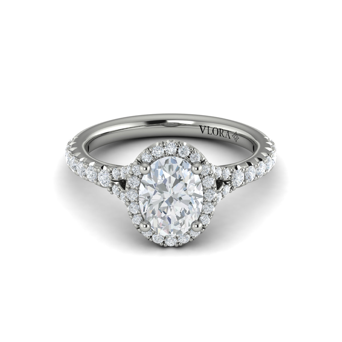 14K White Gold Oval Diamond Halo Split Shank Ring