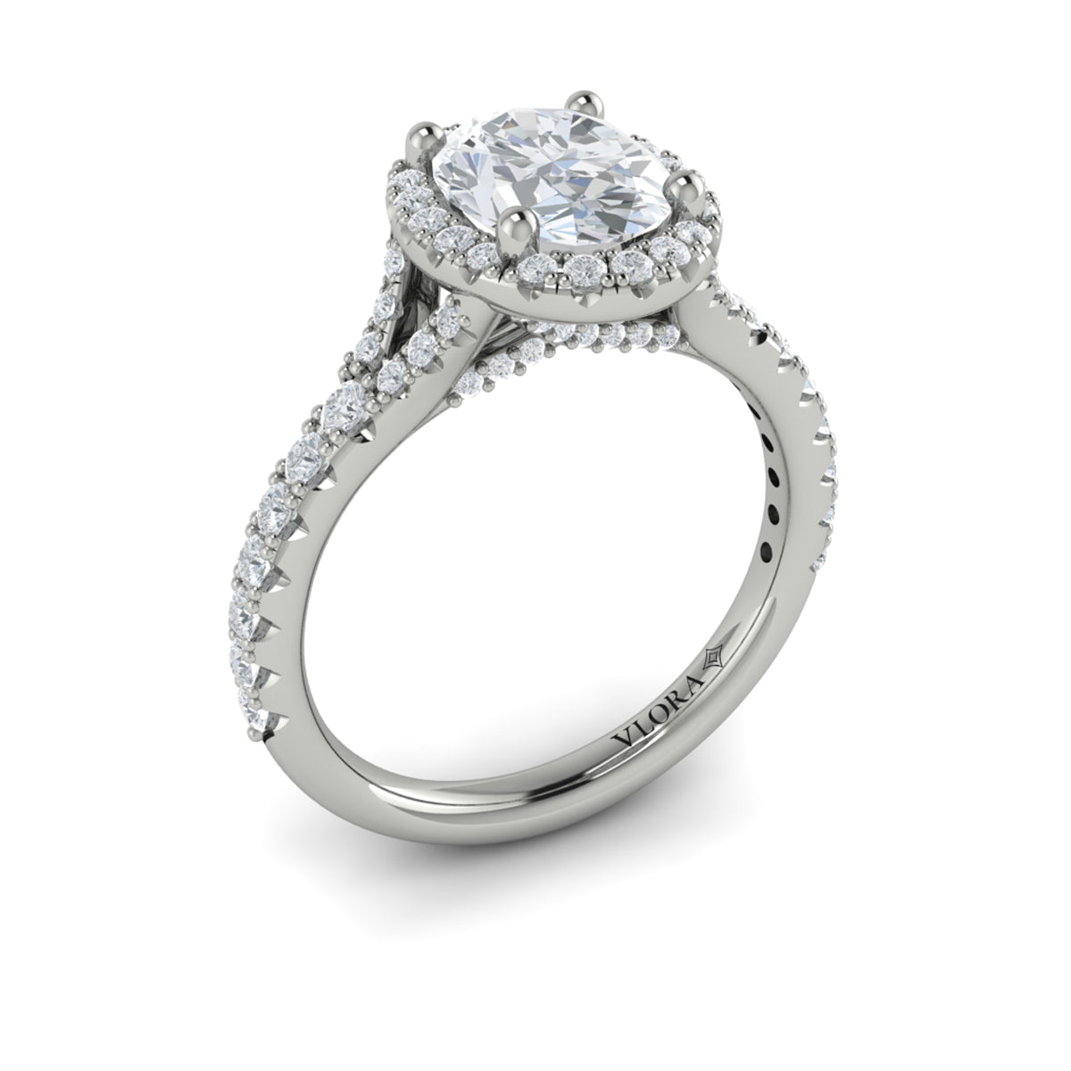 14K White Gold Oval Diamond Halo Split Shank Ring