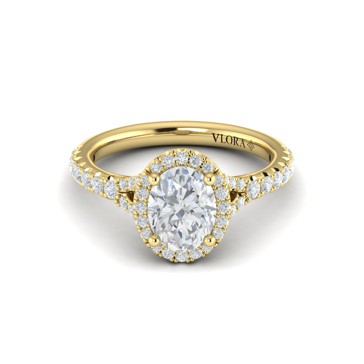 14kt Yellow Gold Oval Diamond Halo Split Shank Ring