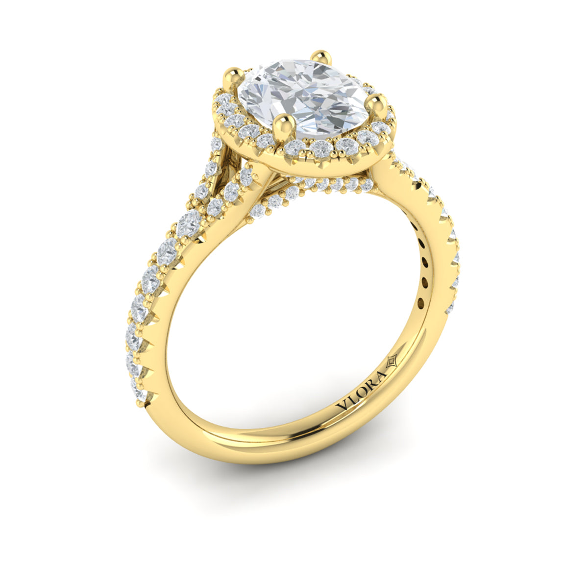 14kt Yellow Gold Oval Diamond Halo Split Shank Ring