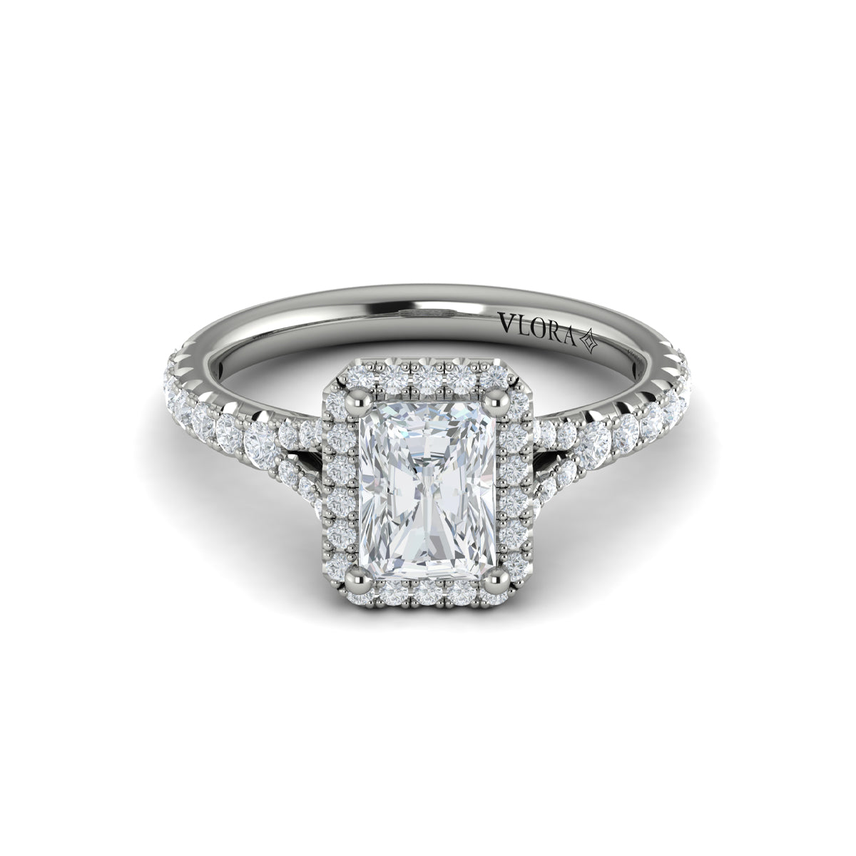 14K White Gold Emerald Cut Diamond Halo Engagement Ring