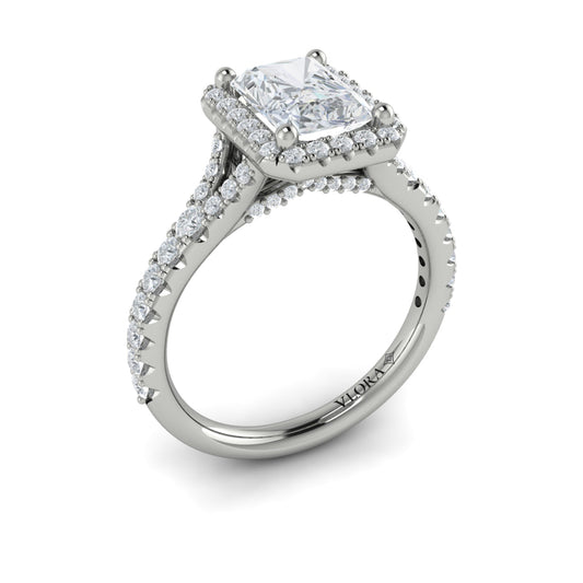 14K White Gold Emerald Cut Diamond Halo Engagement Ring