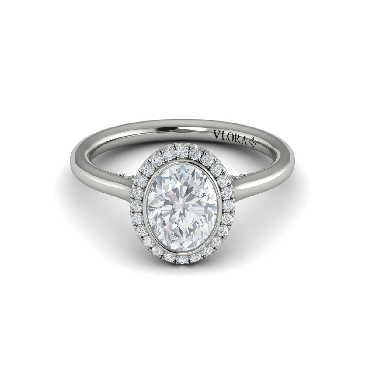 14K White Gold Oval Diamond Bezel Halo Engagement Ring