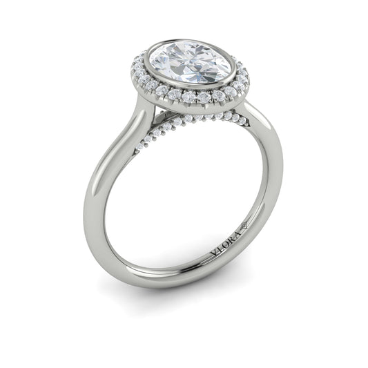 14K White Gold Oval Diamond Bezel Halo Engagement Ring