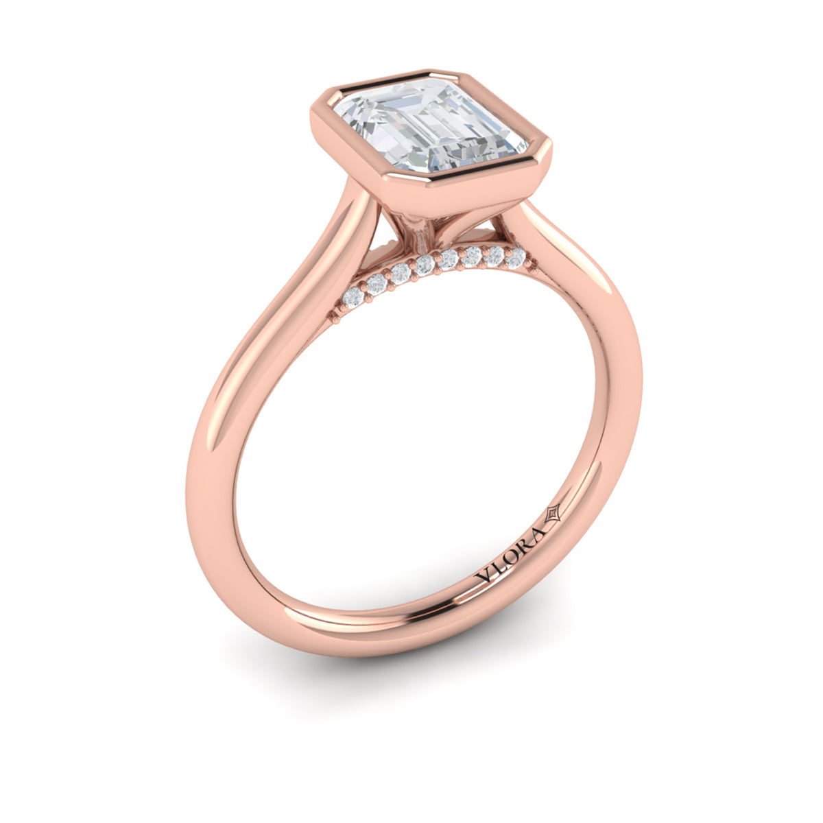18kt Rose Gold Emerald Cut Diamond Bezel Solitaire Ring
