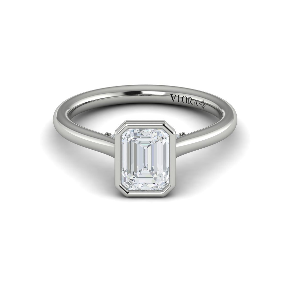 14K White Gold Emerald Cut Bezel Solitaire Engagement Ring