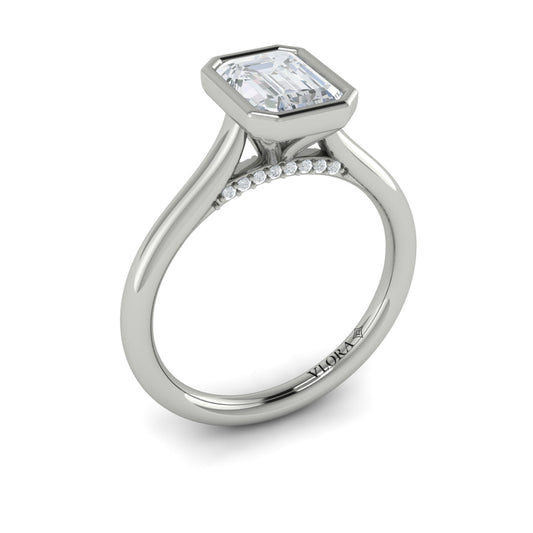 14K White Gold Emerald Cut Bezel Solitaire Engagement Ring