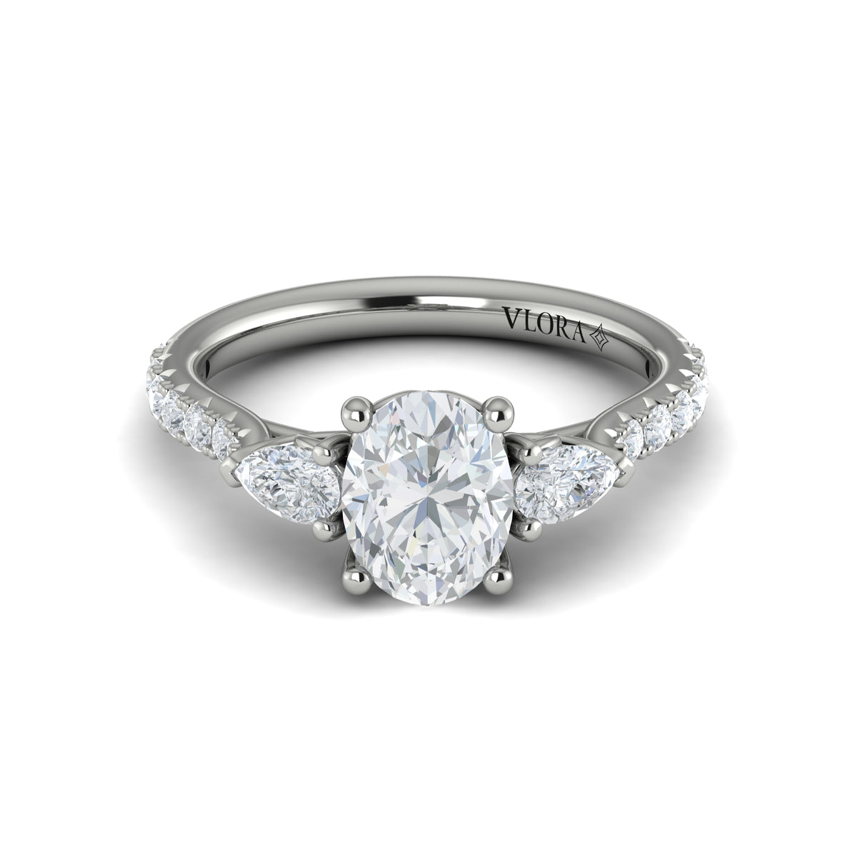 14K White Gold Pear & Oval Diamond Three-Stone Ring