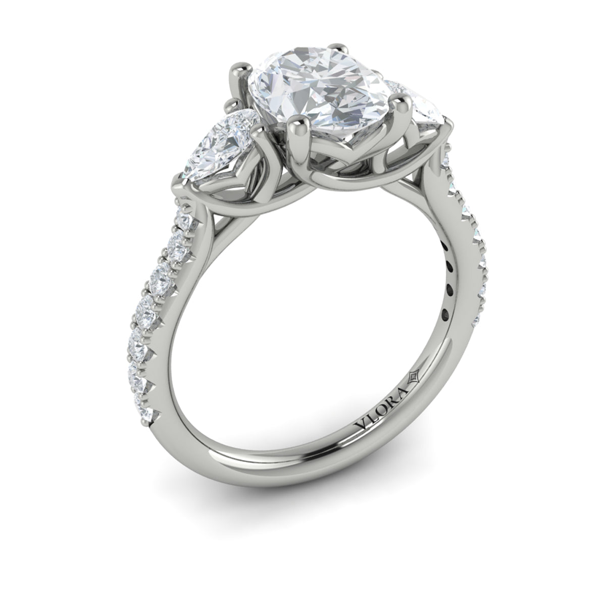 14K White Gold Pear & Oval Diamond Three-Stone Ring