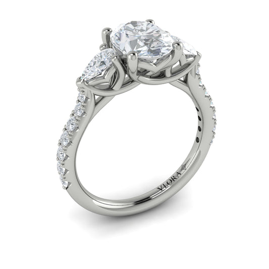 14K White Gold Pear & Oval Diamond Three-Stone Ring