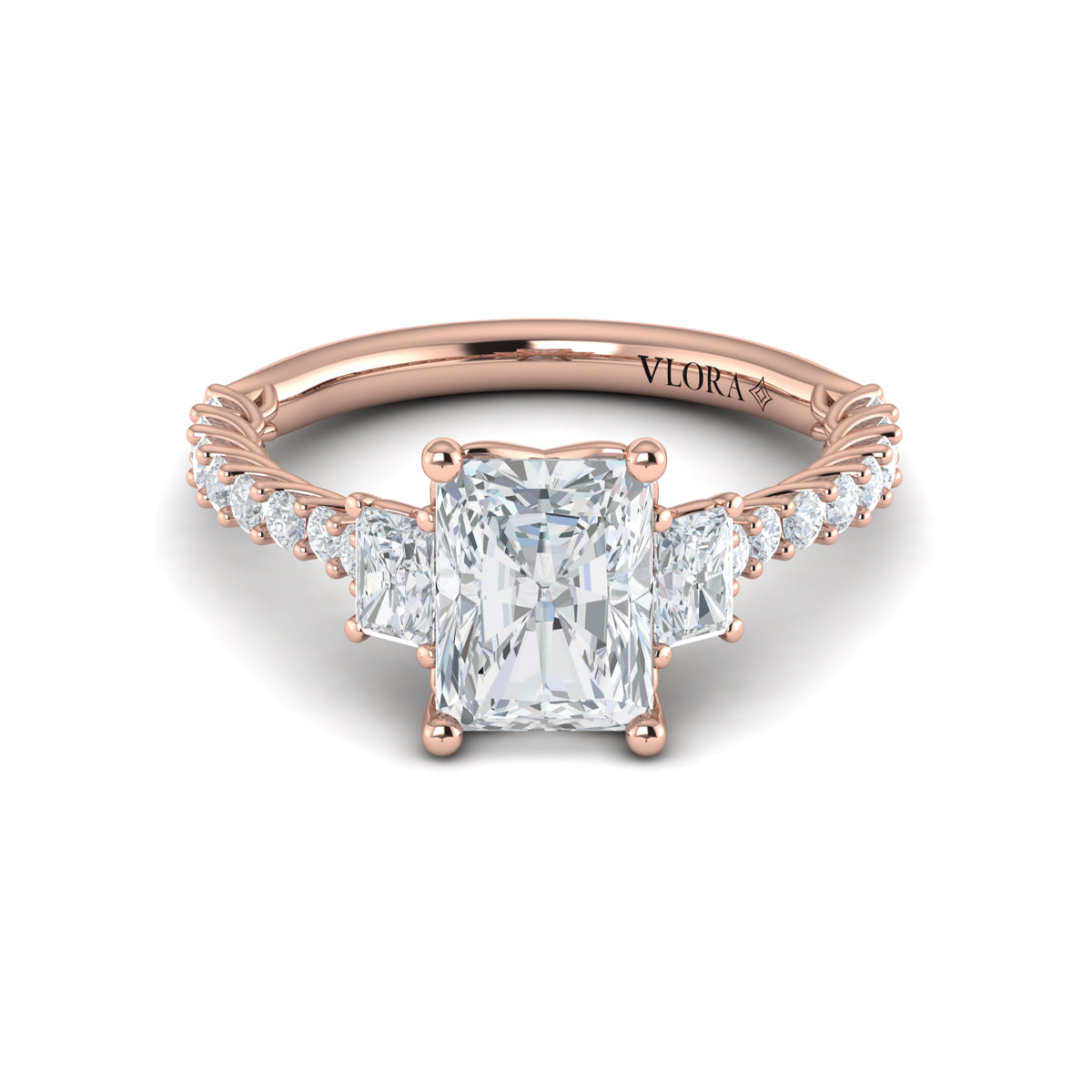 18kt Rose Gold Emerald Cut Three Stone Engagement Ring