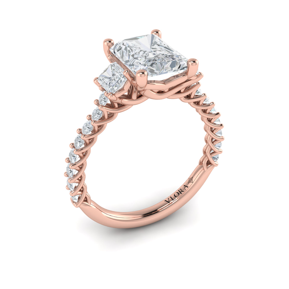 18kt Rose Gold Emerald Cut Three Stone Engagement Ring