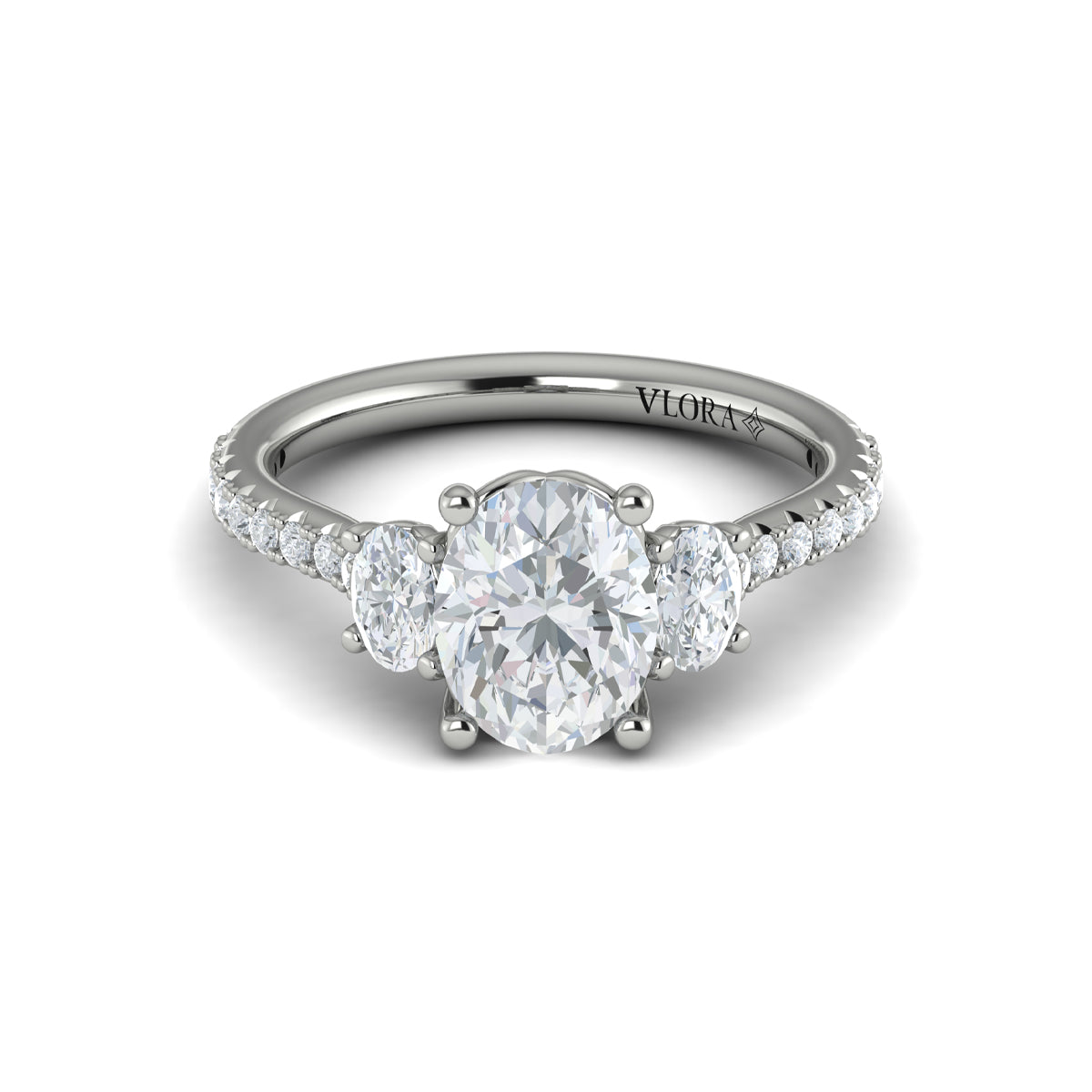 14K White Gold Oval Three-Stone Diamond Engagement Ring