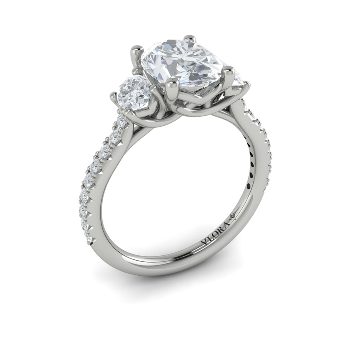 14K White Gold Oval Three-Stone Diamond Engagement Ring