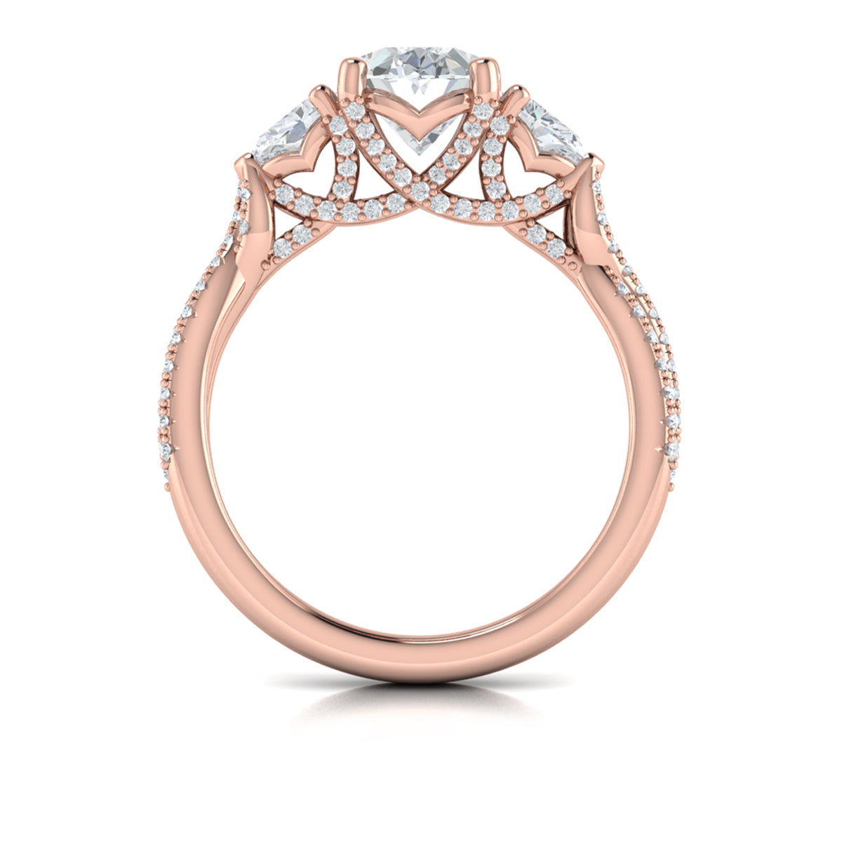18kt Rose Gold Pear & Round Diamond Three-Stone Ring