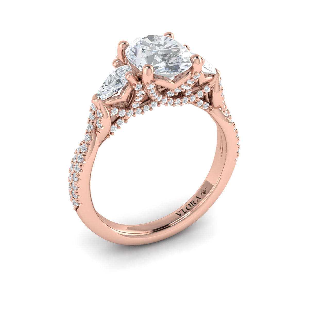 18kt Rose Gold Pear & Round Diamond Three-Stone Ring