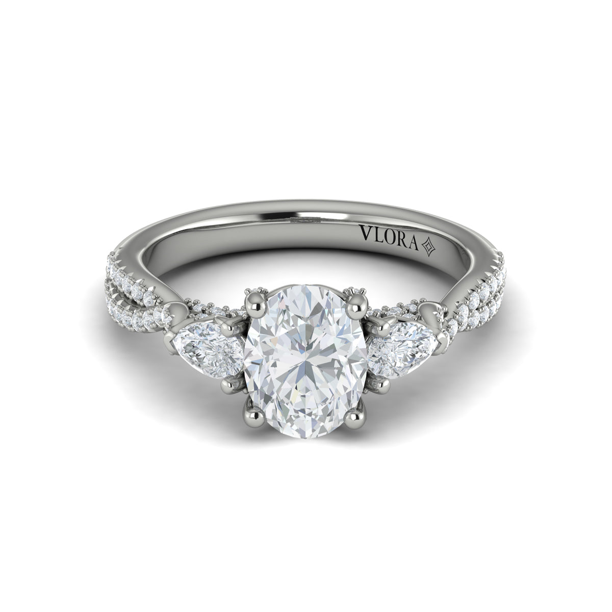 14K White Gold Pear & Round Diamond Three-Stone Ring