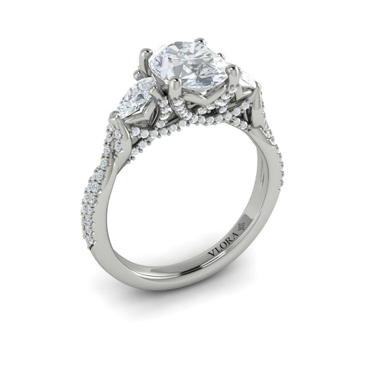 14K White Gold Pear & Round Diamond Three-Stone Ring