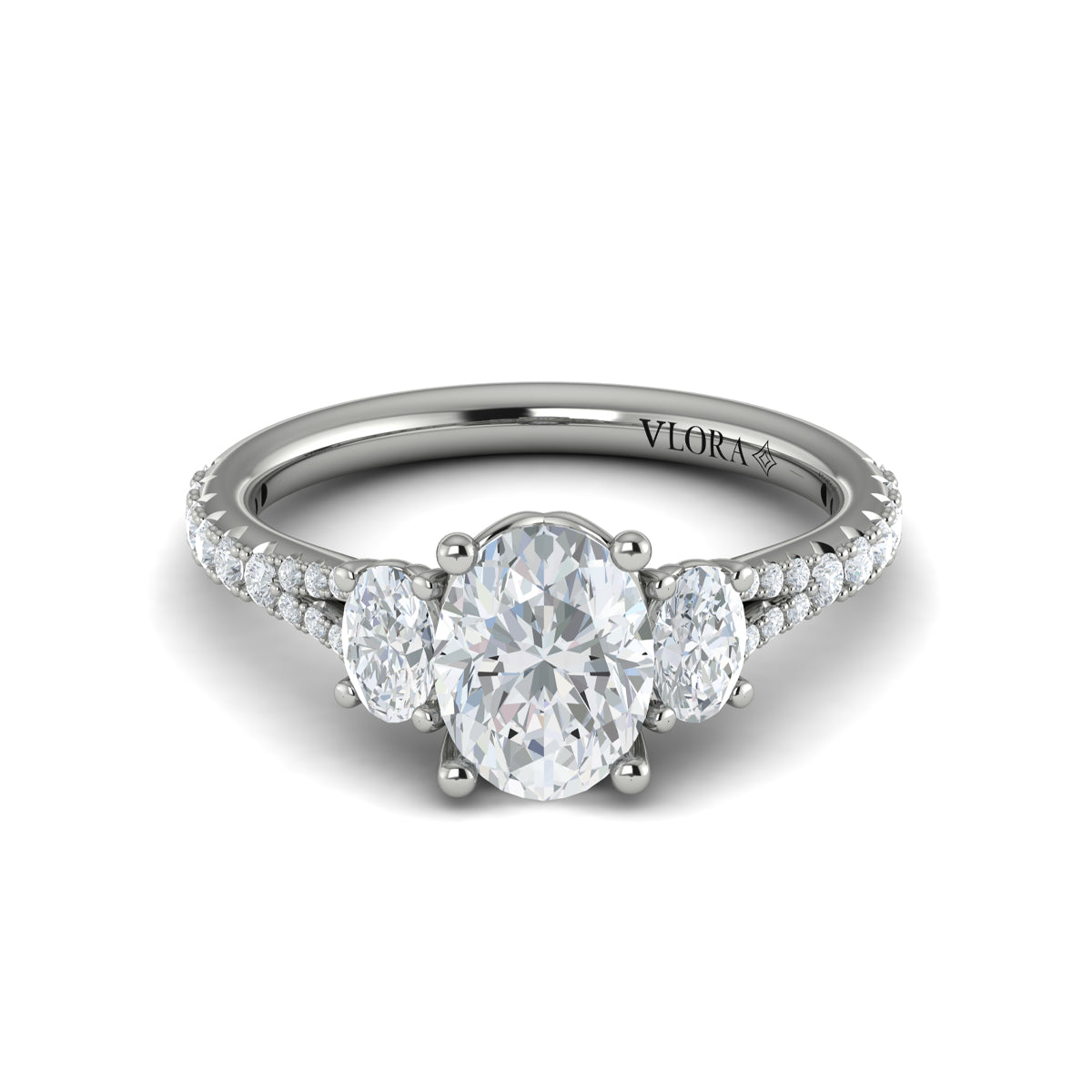 14K White Gold Oval Three-Stone Diamond Engagement Ring