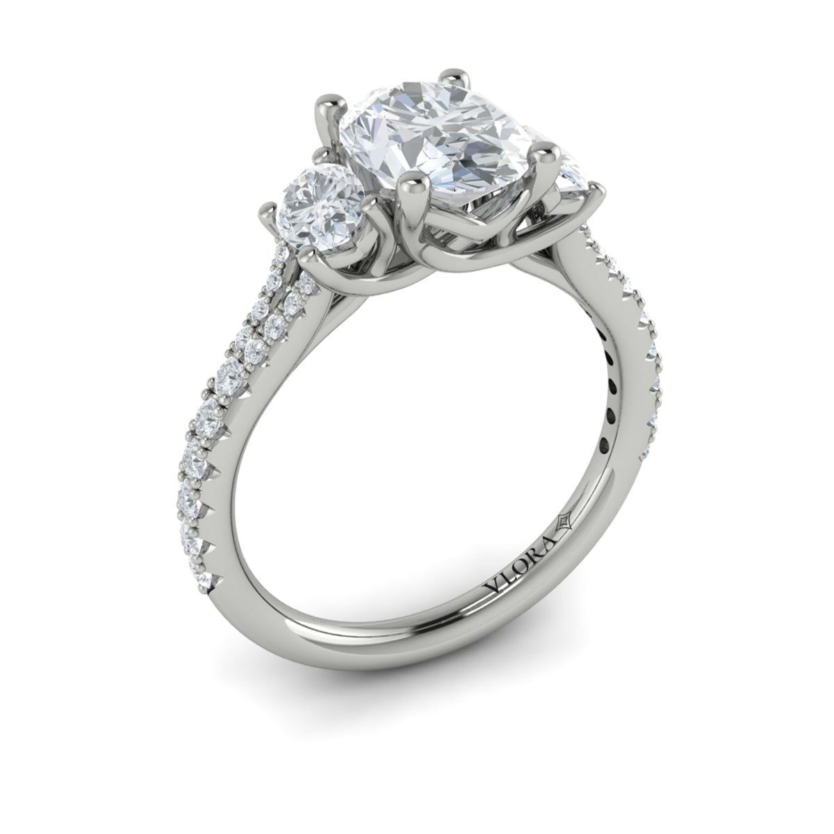 14K White Gold Oval Three-Stone Diamond Engagement Ring