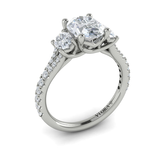 14K White Gold Oval Three-Stone Diamond Engagement Ring