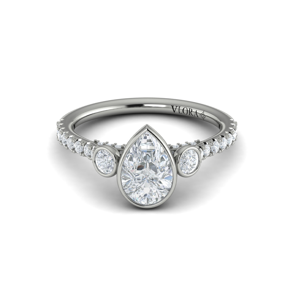 14K White Gold Pear Diamond Three-Stone Bezel Ring