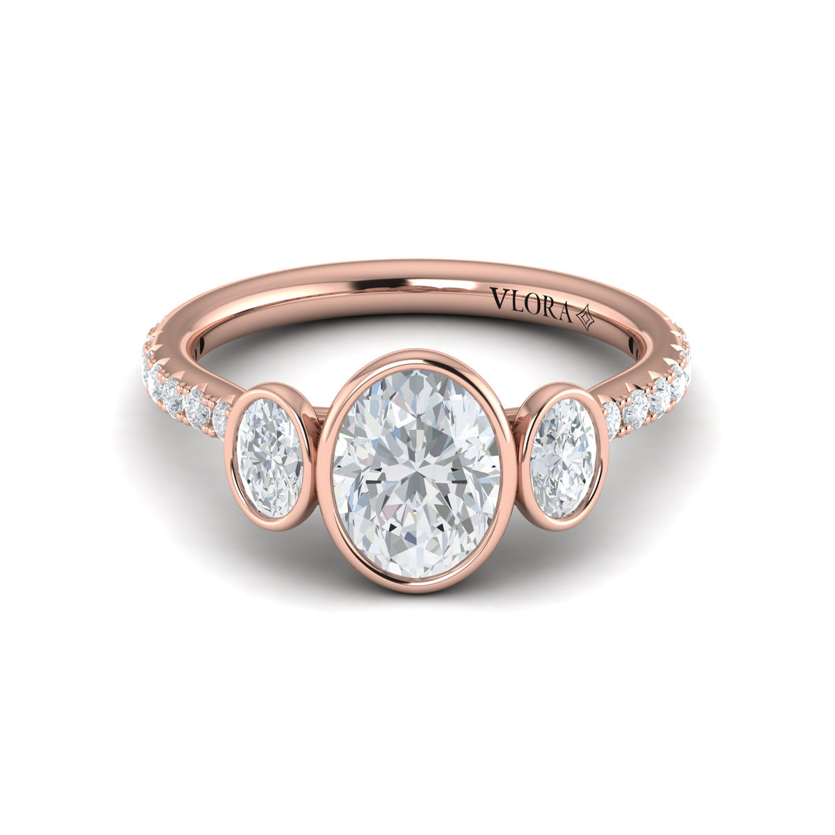 18kt Rose Gold Oval Diamond Three-Stone Bezel Engagement Ring