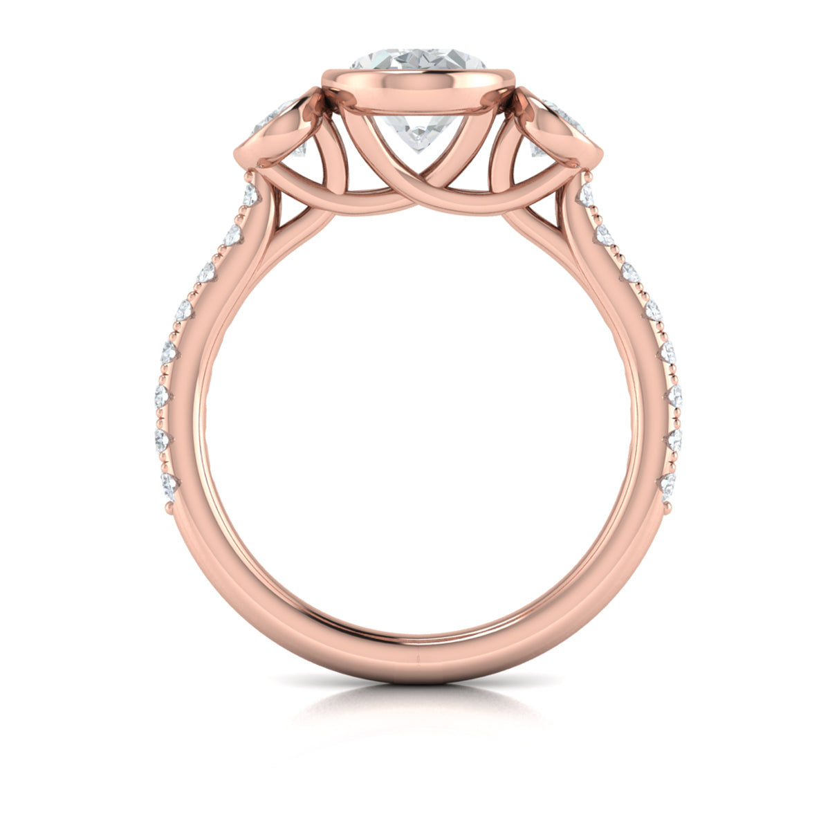 18kt Rose Gold Oval Diamond Three-Stone Bezel Engagement Ring