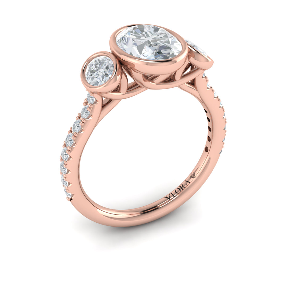 18kt Rose Gold Oval Diamond Three-Stone Bezel Engagement Ring