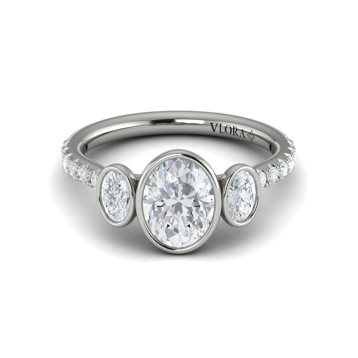 14K White Gold Oval Diamond Three-Stone Bezel Ring